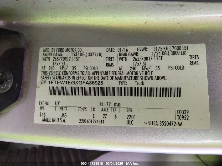 2016 Ford F-150 King Ranch/Lariat/Limited/Platinum/Xl/Xlt VIN: 1FTEW1EGXGFS86926 Lot: 41728818
