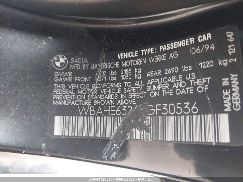 1995 BMW 540 I Automatic VIN: WBAHE6326SGF30536 Lot: 41728895