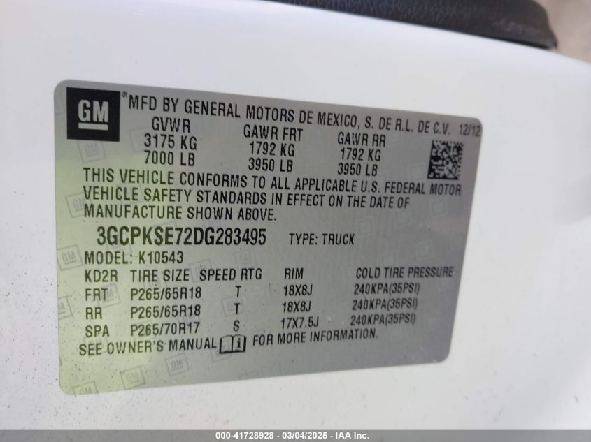 2013 Chevrolet Silverado 1500 Lt VIN: 3GCPKSE72DG283495 Lot: 41728928