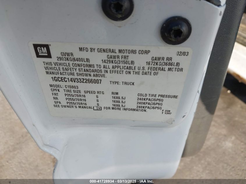 2003 Chevrolet Silverado 1500 Work Truck VIN: 1GCEC14V33Z266007 Lot: 41728934