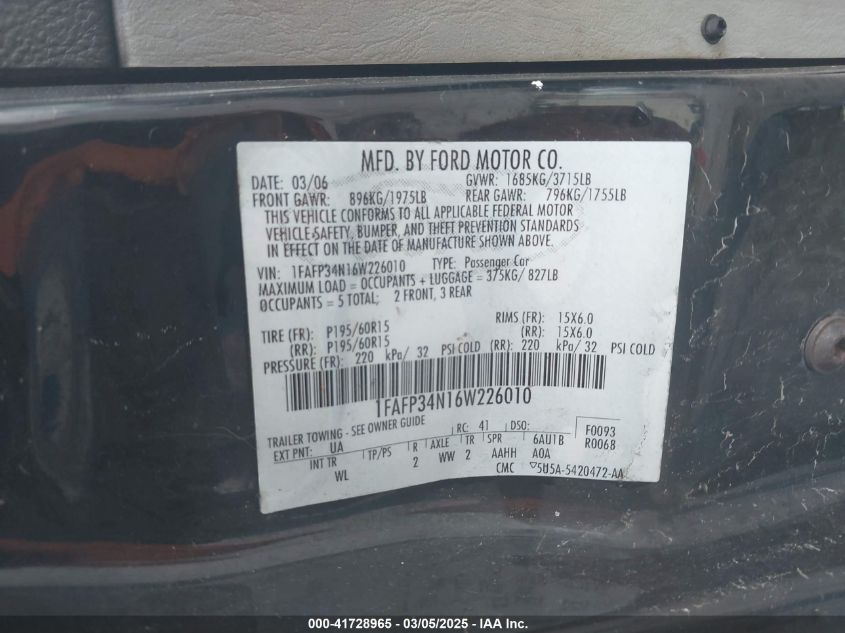 2006 Ford Focus Zx4 VIN: 1FAFP34N16W226010 Lot: 41728965