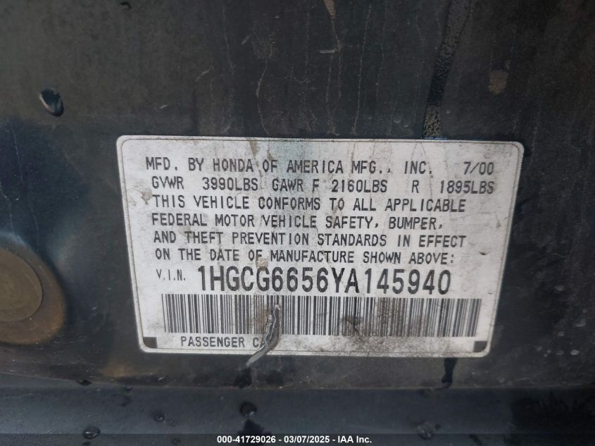 2000 Honda Accord 2.3 Lx VIN: 1HGCG6656YA145940 Lot: 41729026