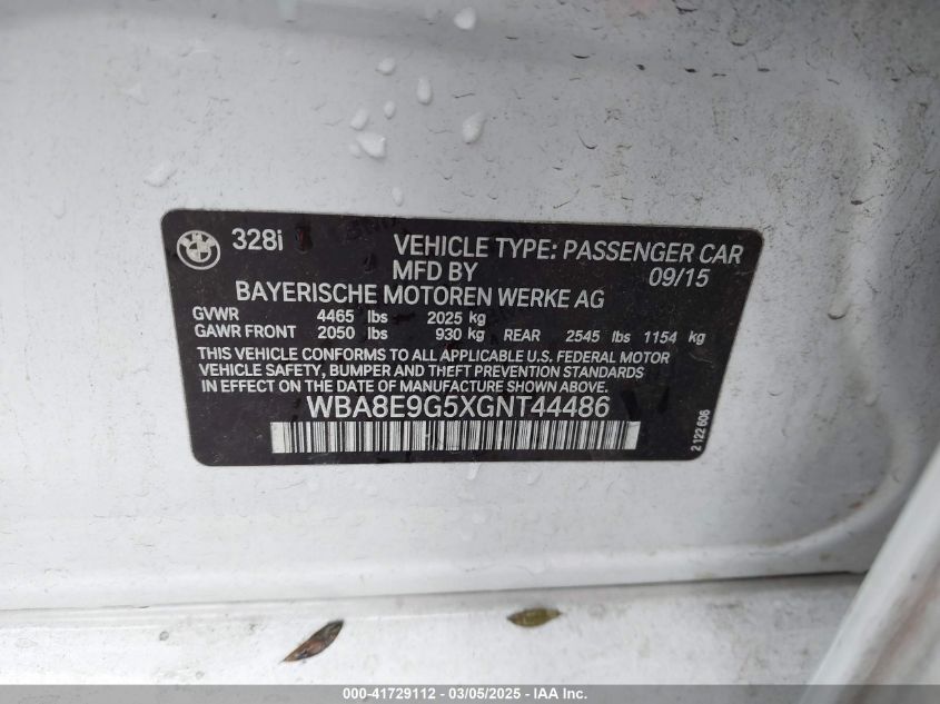 2016 BMW 328I VIN: WBA8E9G5XGNT44486 Lot: 41729112