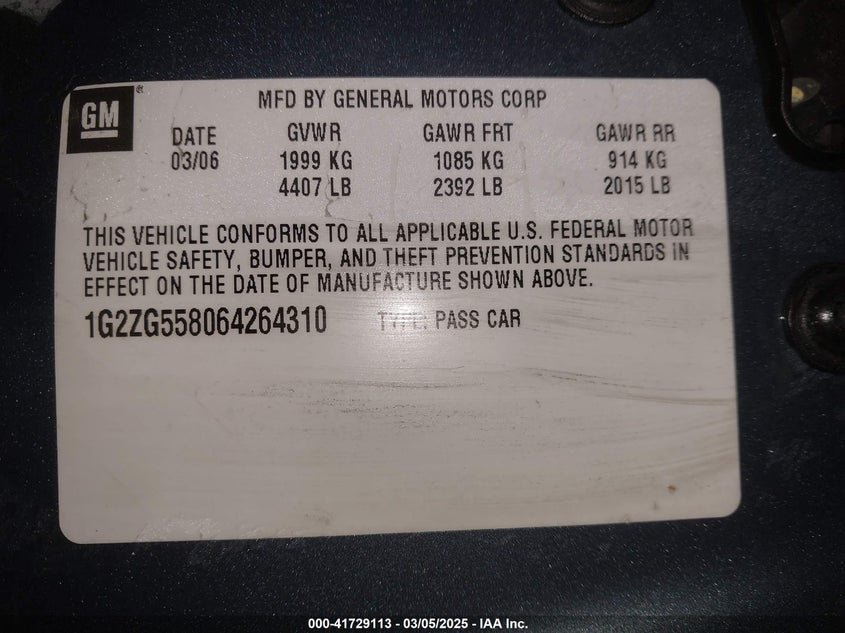 2006 PONTIAC G6 VIN: 1G2ZG558064264310