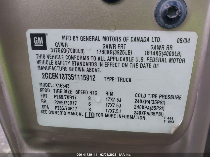 2005 Chevrolet Silverado 1500 Z71 VIN: 2GCEK13T351115912 Lot: 41729114
