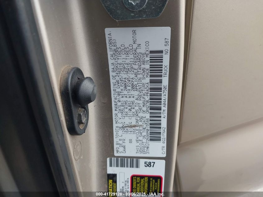 2008 Toyota Tacoma Prerunner V6 VIN: 3TMKU72N98M015586 Lot: 41729128