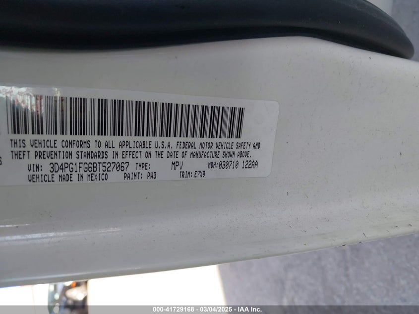 2011 Dodge Journey Mainstreet VIN: 3D4PG1FG6BT527067 Lot: 41729168
