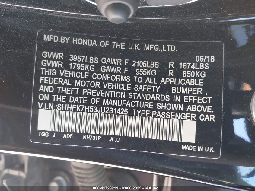 2018 HONDA CIVIC VIN: SHHFK7H53JU231425