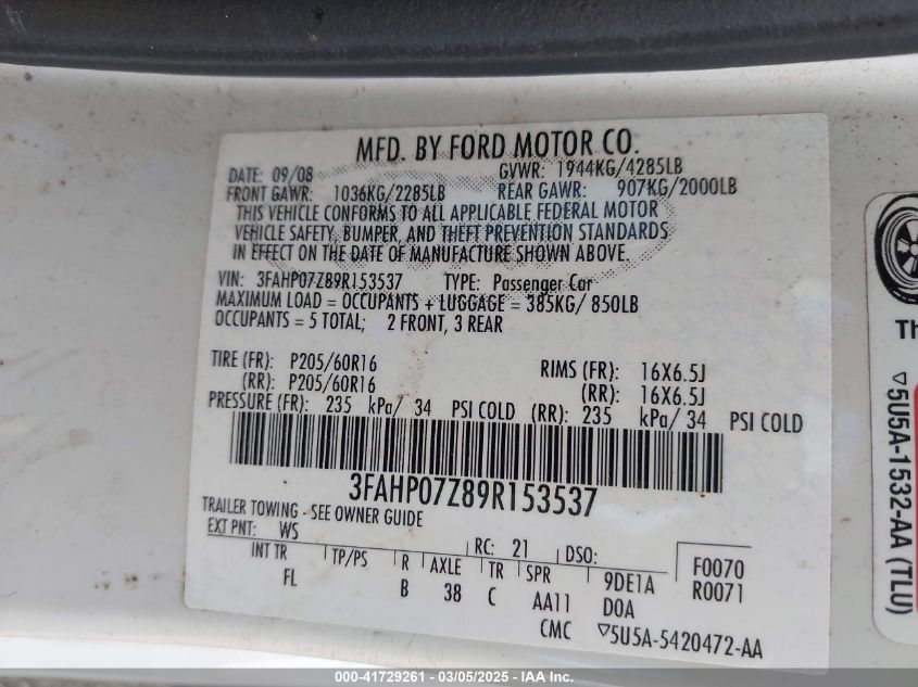 2009 Ford Fusion Se VIN: 3FAHP07Z89R153537 Lot: 41729261