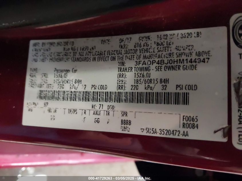 2017 Ford Fiesta Se VIN: 3FADP4BJ0HM144947 Lot: 41729263