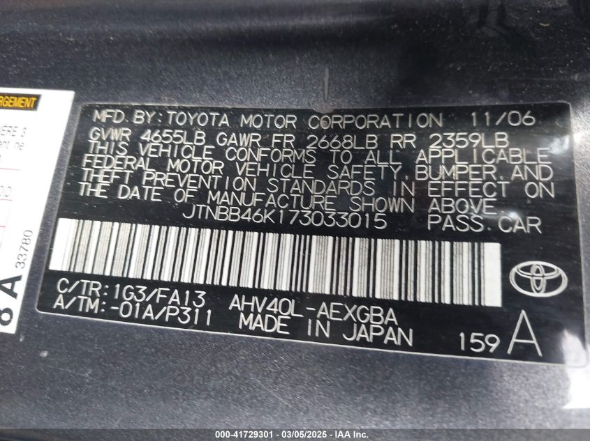 2007 Toyota Camry Hybrid VIN: JTNBB46K173033015 Lot: 41729301