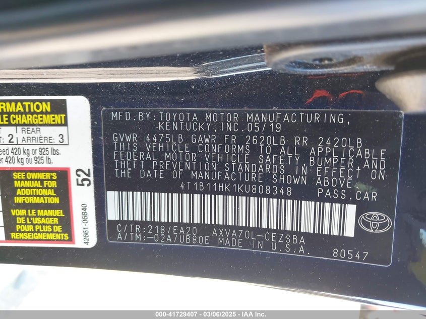 2019 TOYOTA CAMRY SE - 4T1B11HK1KU808348