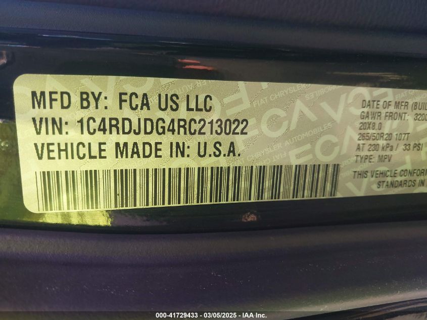 2024 Dodge Durango Gt Plus Awd VIN: 1C4RDJDG4RC213022 Lot: 41729433