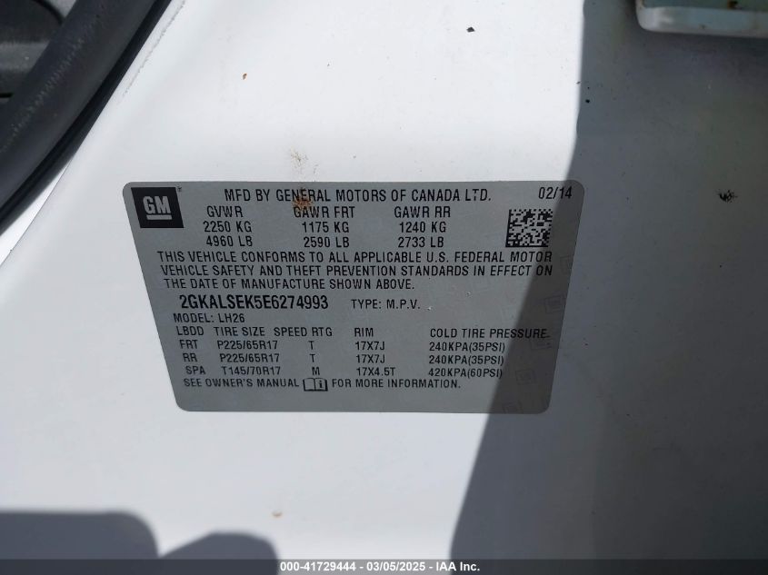 2014 GMC Terrain Slt-1 VIN: 2GKALSEK5E6274993 Lot: 41729444