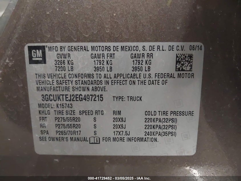 2014 CHEVROLET SILVERADO VIN: 3GCUKTEJ2EG497215