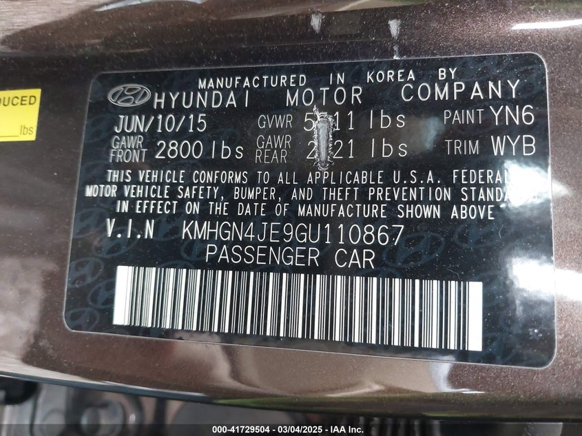 2016 HYUNDAI GENESIS VIN: KMHGN4JE9GU110867
