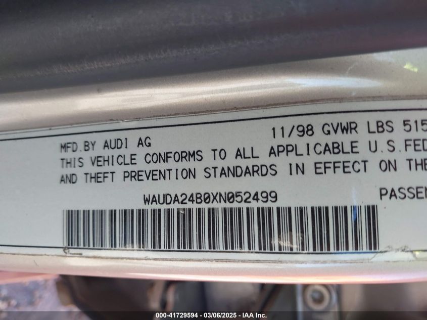 1999 Audi A6 2.8 Avant VIN: WAUDA24B0XN052499 Lot: 41729594