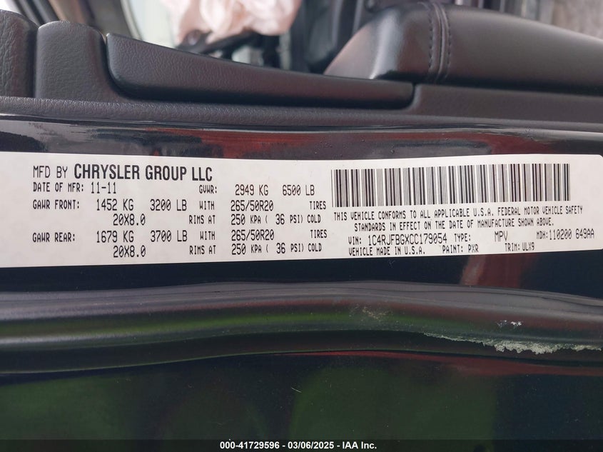2012 JEEP GRAND CHEROKEE VIN: 1C4RJFBGXCC179054