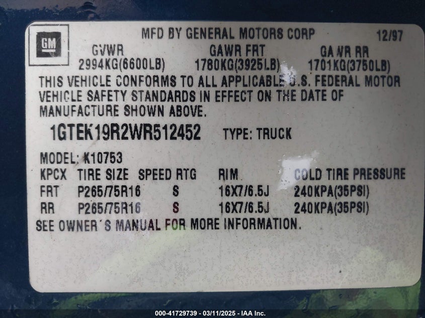 1998 GMC Sierra 1500 Sl Wideside VIN: 1GTEK19R2WR512452 Lot: 41729739