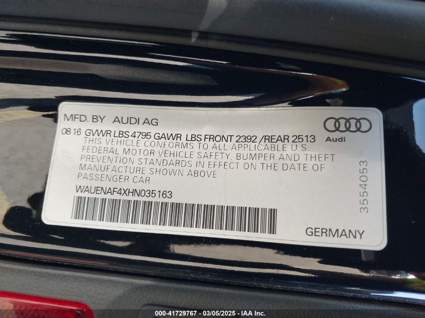 2017 Audi A4 2.0T Premium VIN: WAUENAF4XHN035163 Lot: 41729767