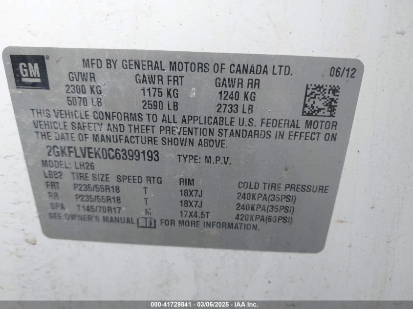 2012 GMC Terrain Slt-1 VIN: 2GKFLVEK0C6399193 Lot: 41729841