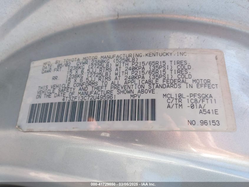 2002 Toyota Sienna Le VIN: 4T3ZF13C72U495961 Lot: 41729850