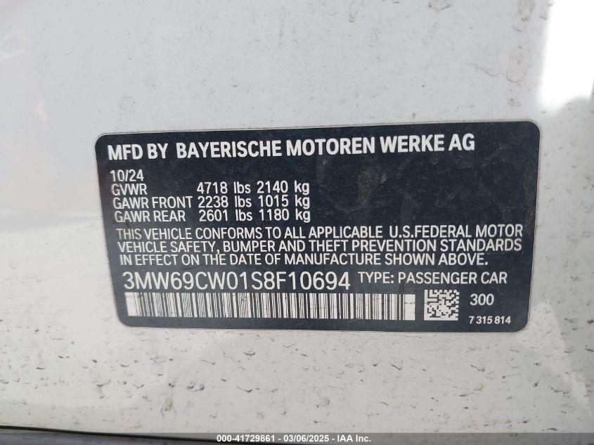 2025 BMW 3 Series 330I VIN: 3MW69CW01S8F10694 Lot: 41729861