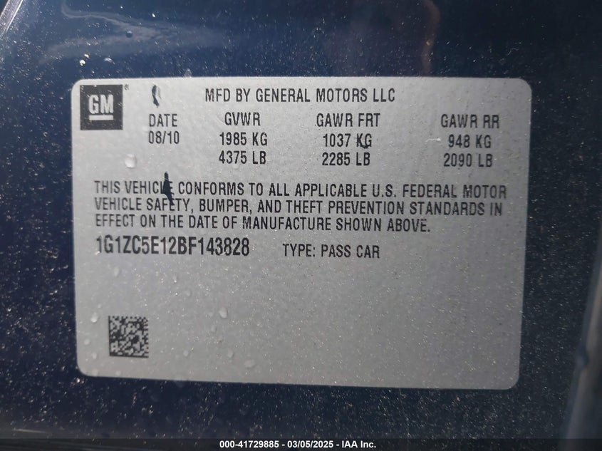 2011 CHEVROLET MALIBU VIN: 1G1ZC5E12BF143828