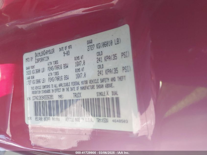 2004 Dodge Dakota VIN: 1D7HG12K94S556391 Lot: 41729905