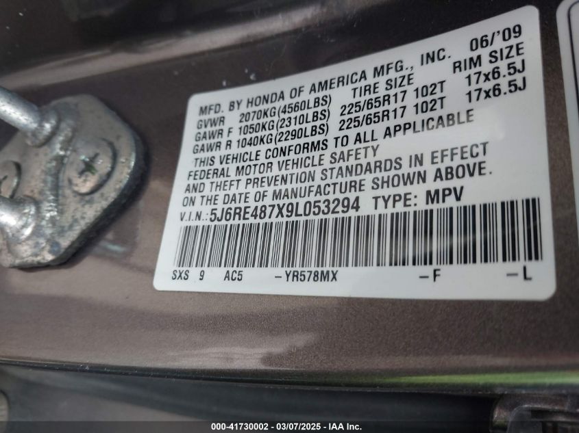 2009 Honda Cr-V Ex-L VIN: 5J6RE487X9L053294 Lot: 41730002