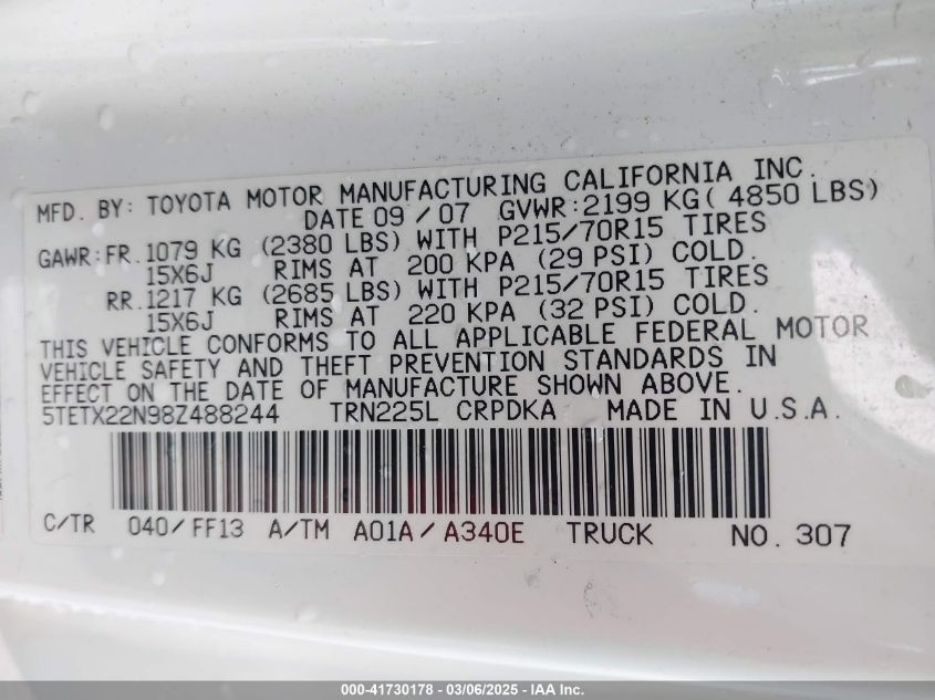 2008 Toyota Tacoma VIN: 5TETX22N98Z466244 Lot: 41730178