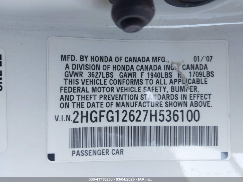 2007 Honda Civic Lx VIN: 2HGFG12627H536100 Lot: 41730258