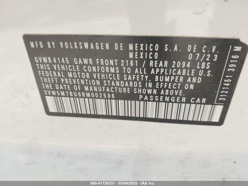 2024 Volkswagen Jetta 1.5T S VIN: 3VW5M7BU6RM002586 Lot: 41730331