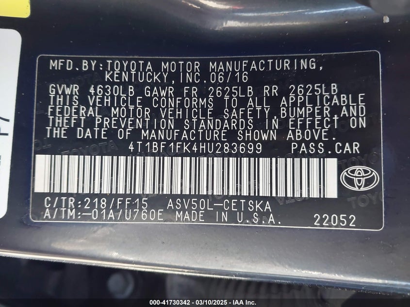 2017 TOYOTA CAMRY VIN: 4T1BF1FK4HU283699