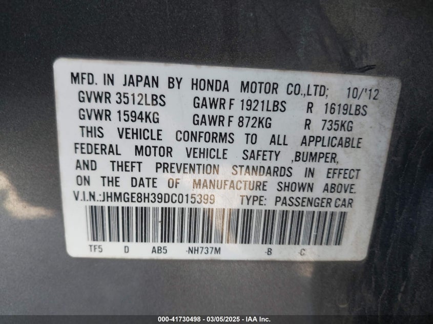 2013 HONDA FIT - JHMGE8H39DC015399