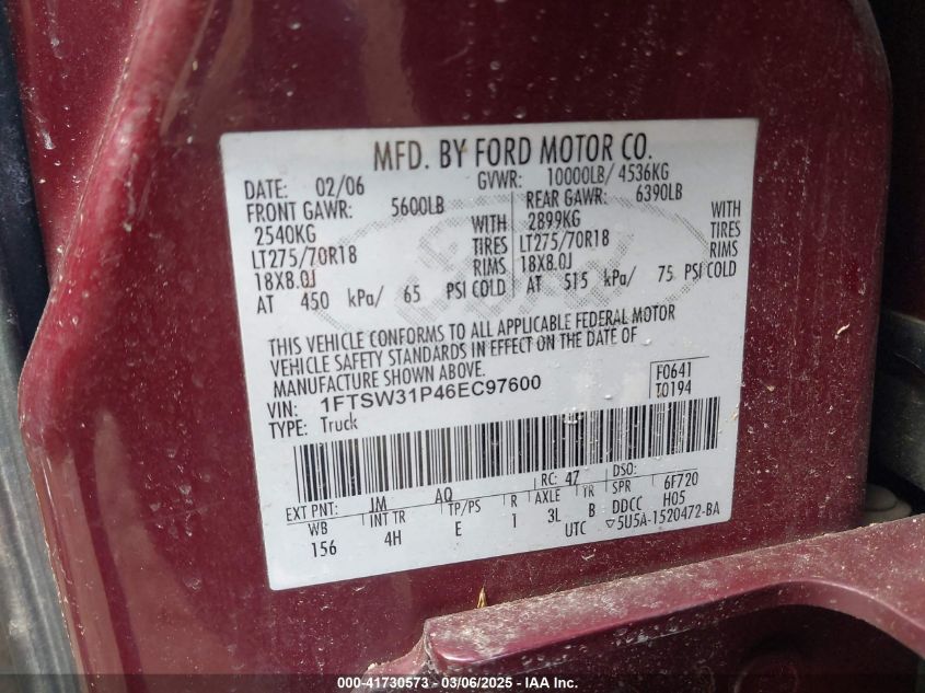 2006 Ford F-350 Lariat/Xl/Xlt VIN: 1FTSW31P46EC97600 Lot: 41730573