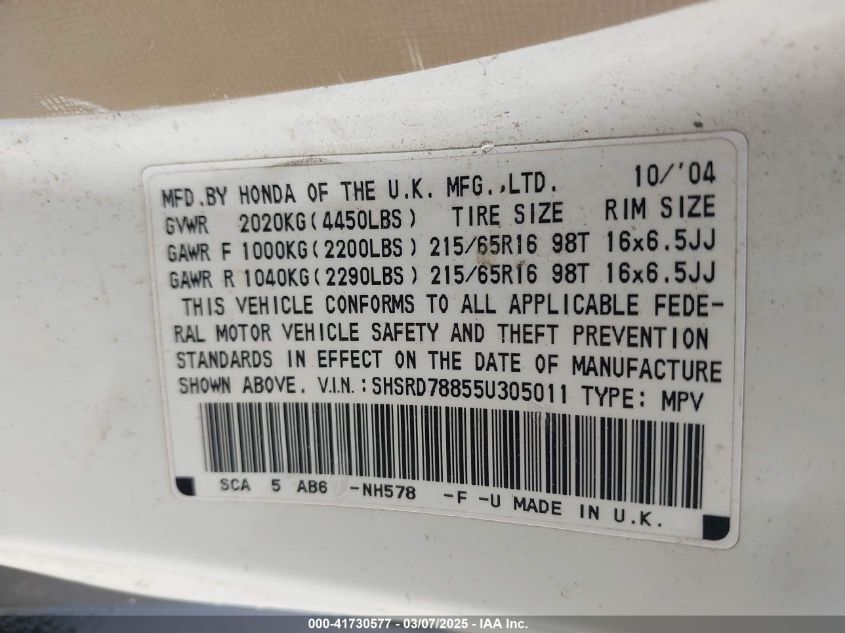 2005 Honda Cr-V Ex VIN: SHSRD78855U305011 Lot: 41730577