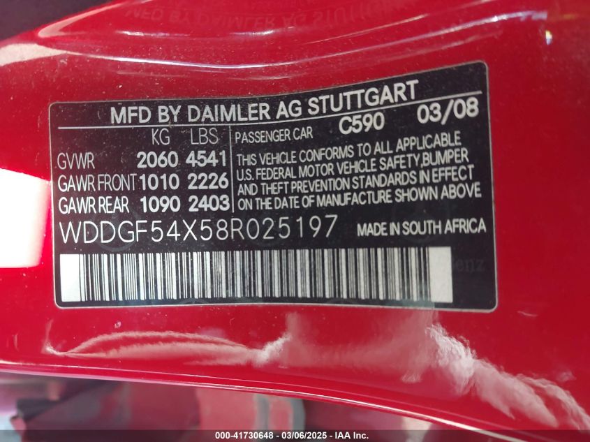 2008 Mercedes-Benz C 300 Luxury/Sport VIN: WDDGF54X58R025197 Lot: 41730648