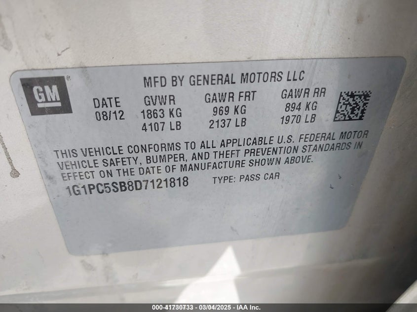 2013 Chevrolet Cruze 1Lt Auto VIN: 1G1PC5SB8D7121818 Lot: 41730733