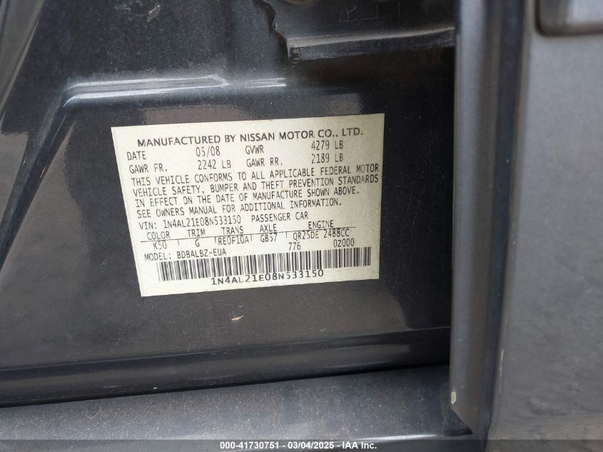 2008 Nissan Altima 2.5 S VIN: 1N4AL21E08N533150 Lot: 41730751