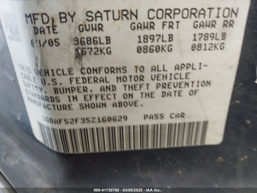 2005 Saturn Ion 1 VIN: 1G8AF52F35Z160629 Lot: 41730760
