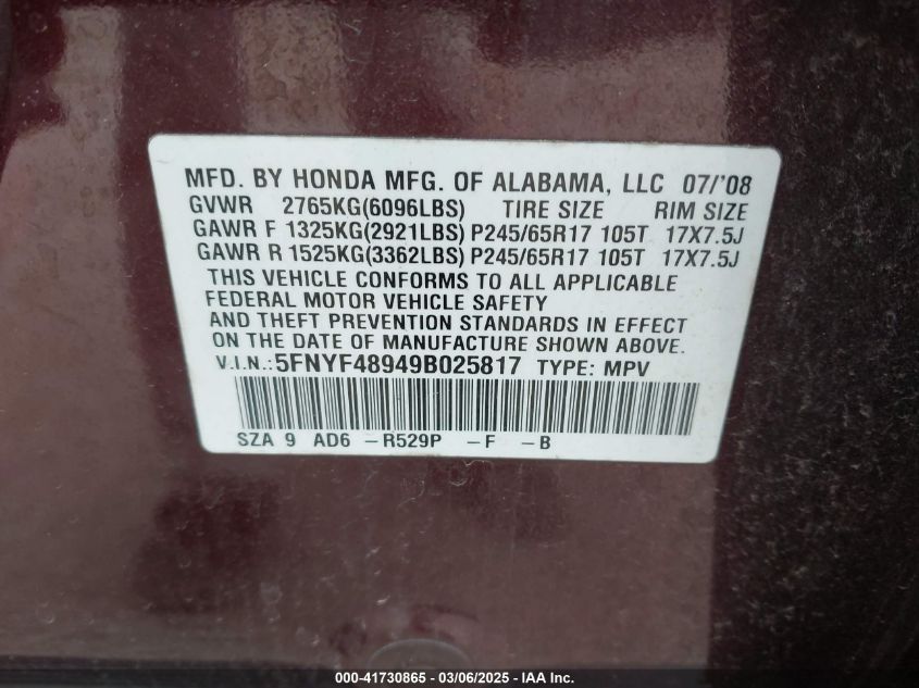 2009 Honda Pilot Touring VIN: 5FNYF48949B025817 Lot: 41730865