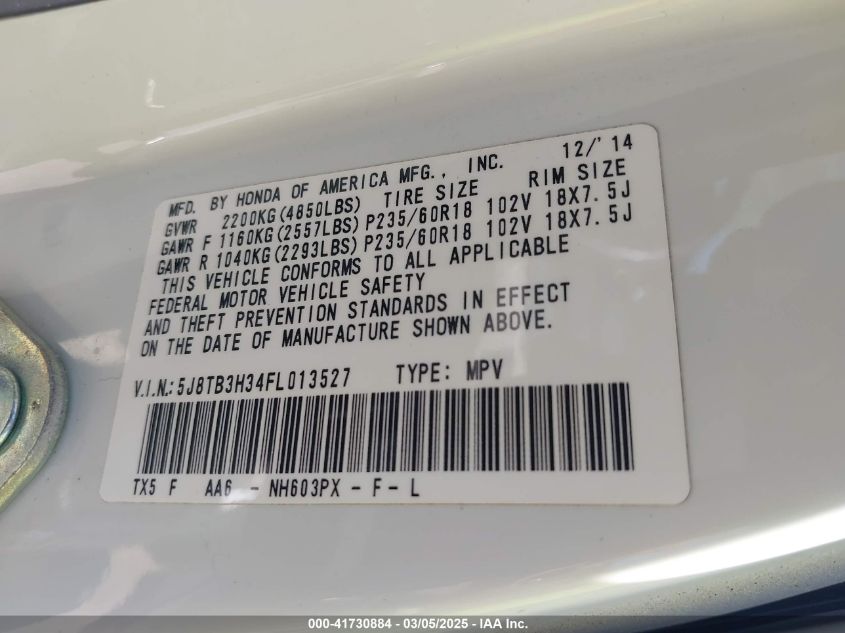 2015 Acura Rdx VIN: 5J8TB3H34FL013527 Lot: 41730884