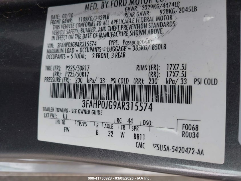 2010 FORD FUSION VIN: 3FAHP0JG9AR315574