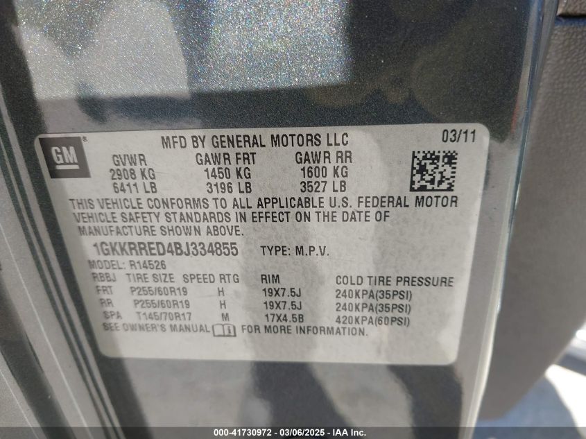 2011 GMC Acadia Slt-1 VIN: 1GKKRRED4BJ334855 Lot: 41730972