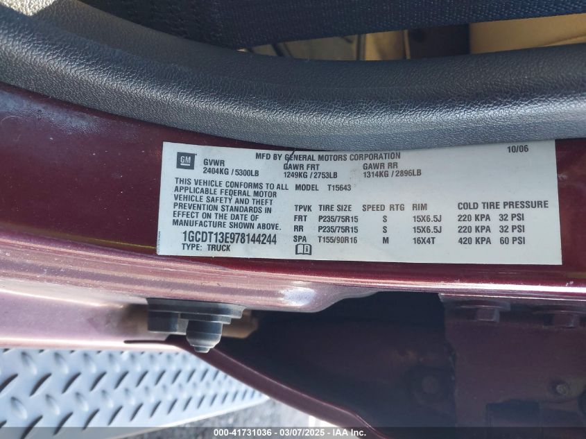 2007 Chevrolet Colorado Lt VIN: 1GCDT13E978144244 Lot: 41731036