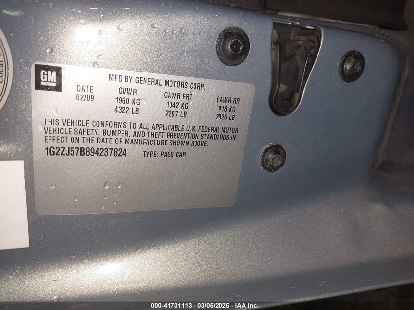 2009 PONTIAC G6 NEW VIN: 1G2ZJ57B894237824