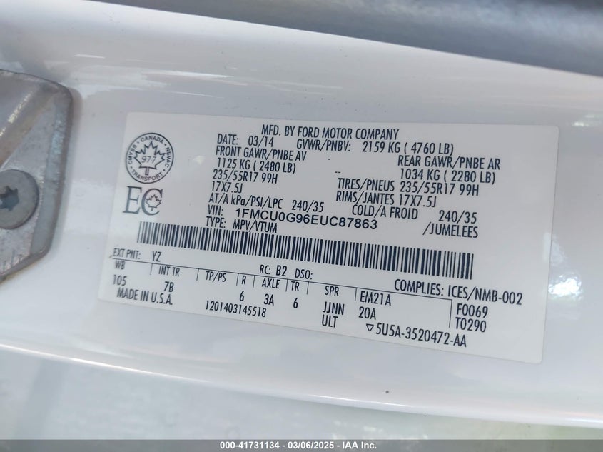 2014 FORD ESCAPE VIN: 1FMCU0G96EUC87863