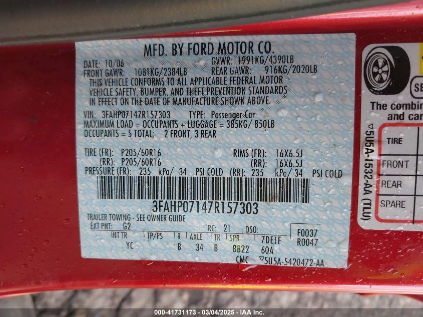 2007 Ford Fusion Se VIN: 3FAHP07147R157303 Lot: 41731173