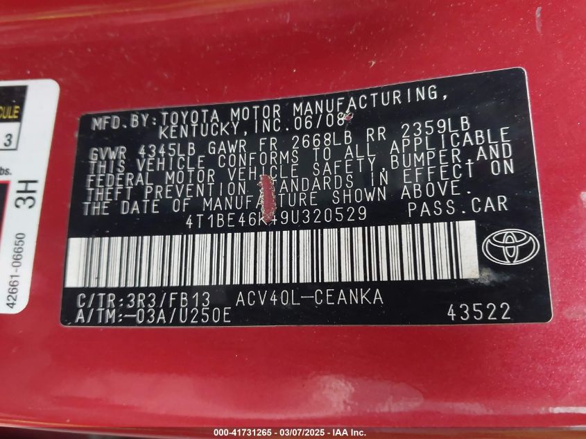 2009 Toyota Camry Le VIN: 4T1BE46K49U320529 Lot: 41731265